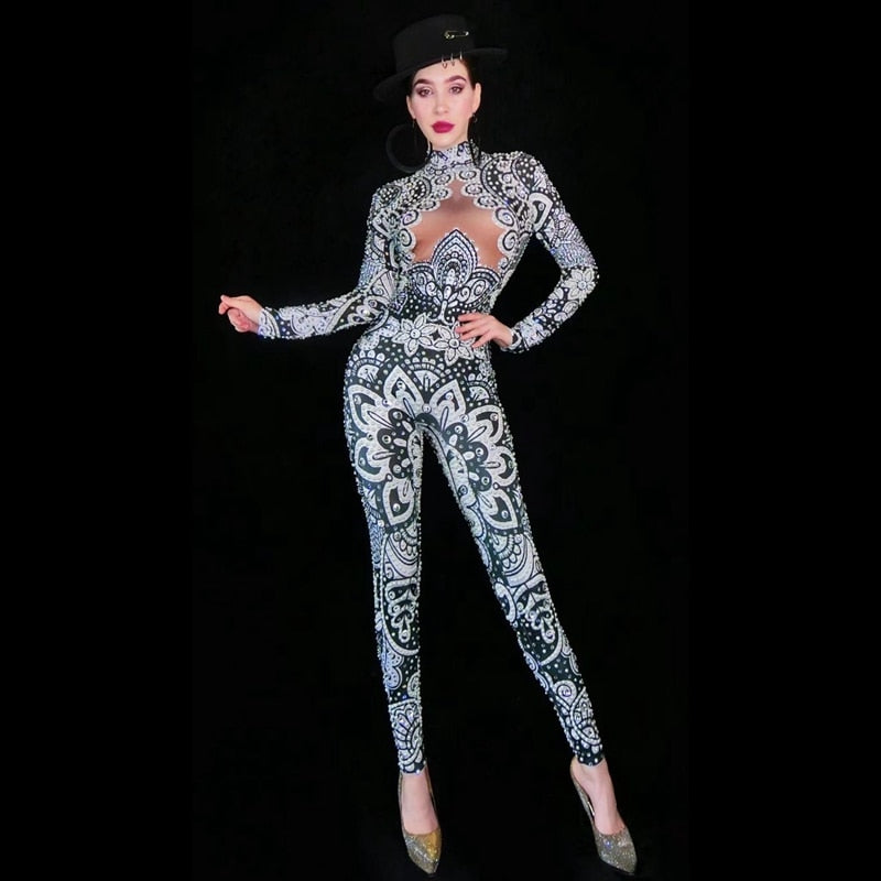 Sexy Modern dance Rhinestones Jumpsuit Long Sleeves Bodysuit